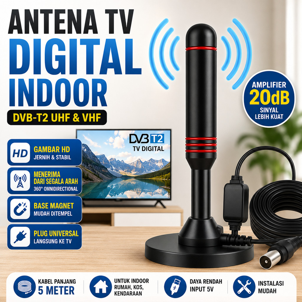 Antena TV Digital Indoor DVB-T2 Amplifier Booster Gain 20dB Penerimaan Sinyal Omnidirectional Gambar