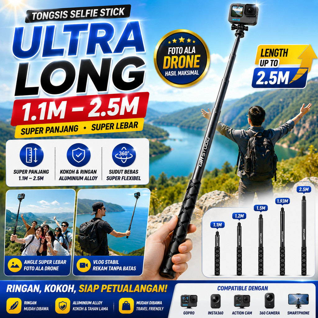 Tongsis Selfie Stick Ultra Long Invisible 1.1–2.5M Untuk Action Cam GoPro Insta360 Angle Super Lebar