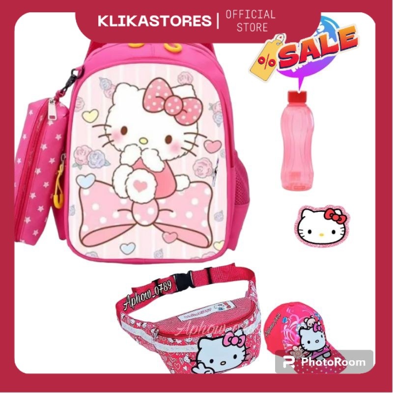 DBS 3in1 HELLO KITTY VITA Tas Ransel Sekolah Anak Perempuan TK SD 3in1 Waistbag Topi Motif Karakter 