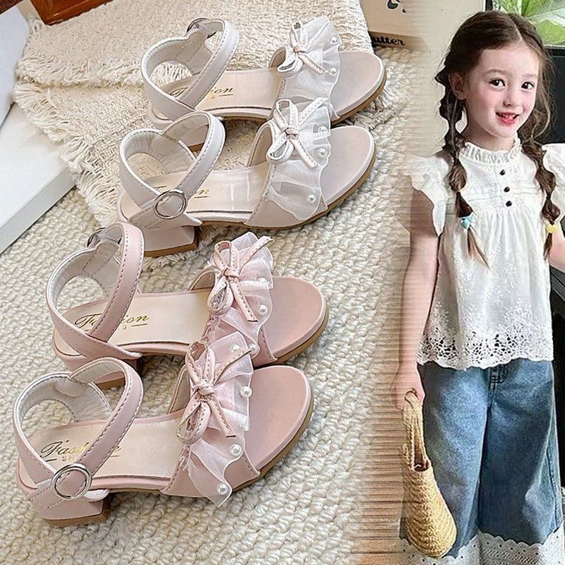 Putri Kecil Berhias Model Baru Sepatu Sepatu Perempuan Sandal Hak Kulit Renda Tinggi Anak