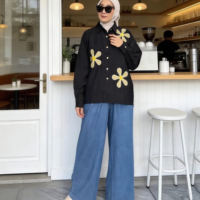 Kirani Set Jeans / Kemeja Bordir Katun Twill Garment Set Celana Kulot Jeans / COD