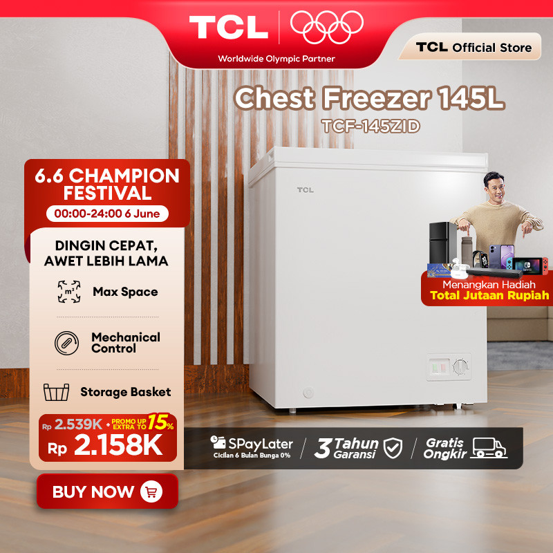 TCL Chest Freezer Kapasitas 145 Liter Super Freezing - Storage Basket Besar - Pembuangan Limbah Air 