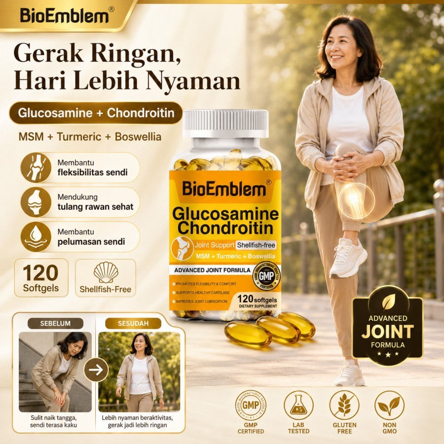 BioEmblem Glucosamine Chondroitin Joint Support Shellfish Free 120 Softgels Suplemen Sendi Lutut Kak