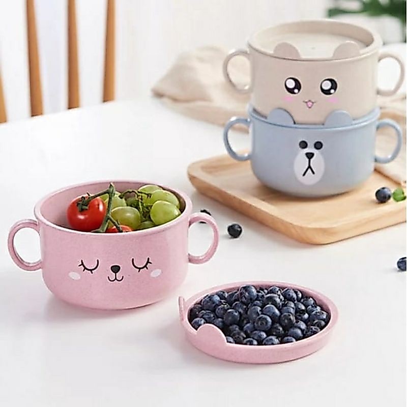 Jc Acc Mangkok Makan Anak Karakter + Tutup / Jerami Soup Bowl Cartoon BPA Free / Mangkuk Gelas Sup C