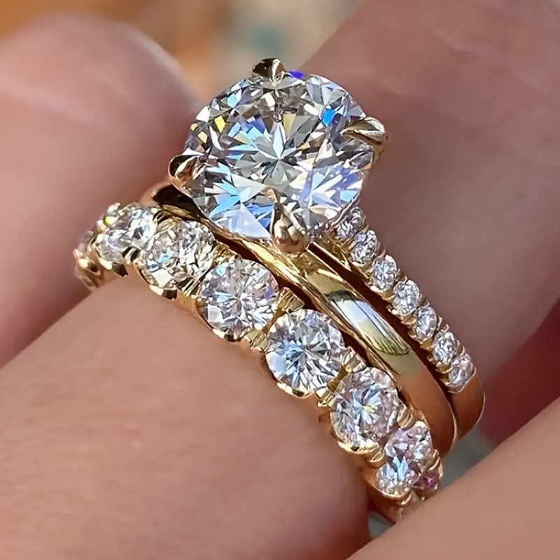 Cincin berlian zirkon angin set tiga potong, set cincin kawin berlian lengkap yang modis, model wani