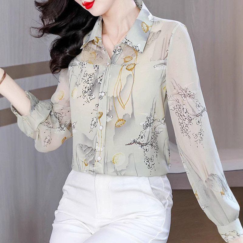 Blus sifon bermotif bunga, atasan wanita, kemeja lengan panjang