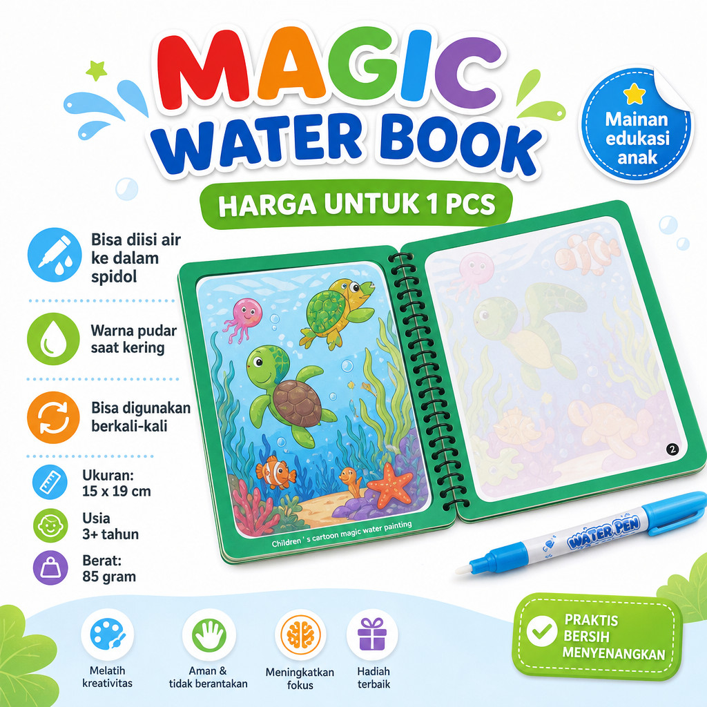 [FS GROSIR] Mainan Edukasi  Magic Water Book Buku Mewarnai Mainan Air Bersih Rumah Kado Bayi Doodle