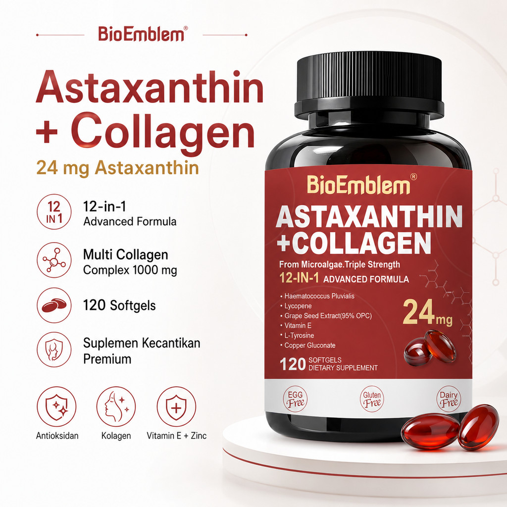 BioEmblem Astaxanthin Collagen 120 Softgels Suplemen Kulit Elastis Glowing Vitamin E Grape Seed Lyco