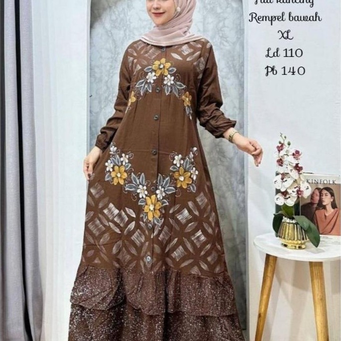FAVORIT Gamis Twill Ori Full Kancing Rempel Adem Fit XL || Gamis Wanita Motif Lukis Kawung Busui Fri
