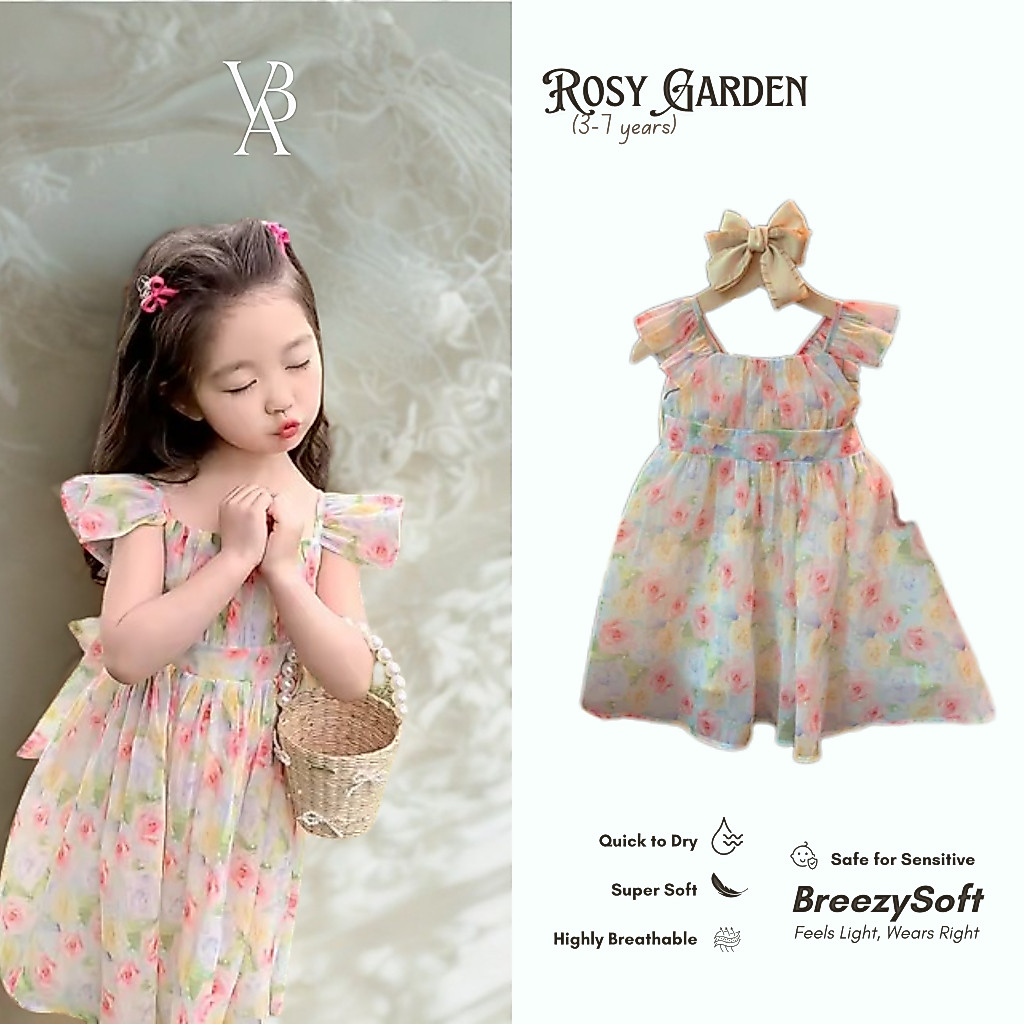Venta Baby - Rosy Garden Dress Gaun Sifon Motif Bunga Pastel Anak Perempuan 3-7 Tahun