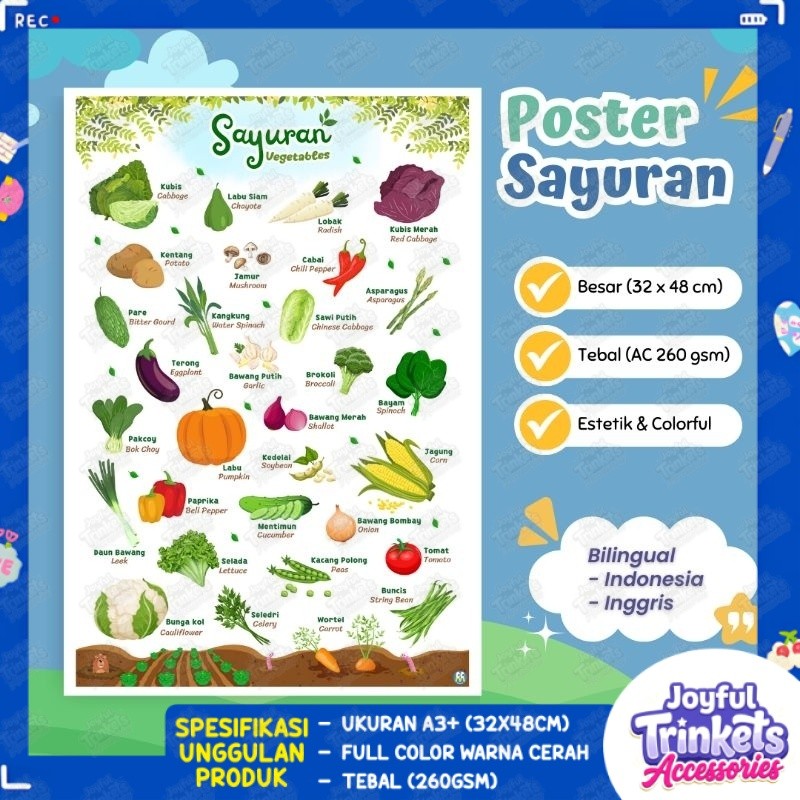 Poster Edukasi Anak Belajar SAYUR SAYURAN Vegetables Bilingual Dua Bahasa Inggris-Indonesia | JOYFUL