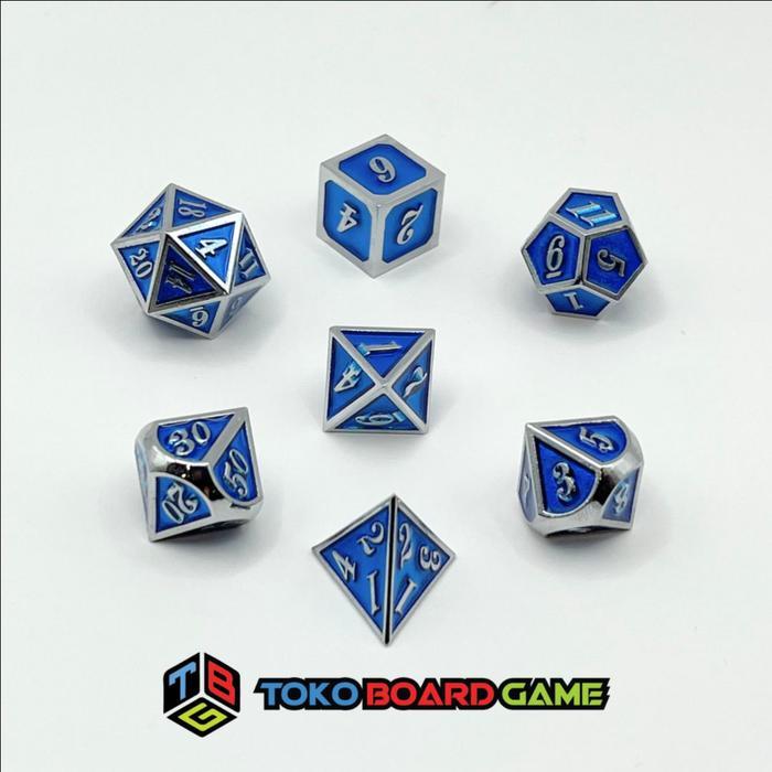 TecUnite 7 Dice Metal Polyhedral Dice Set DND Dice Set - Dadu Metal - Blue Silver