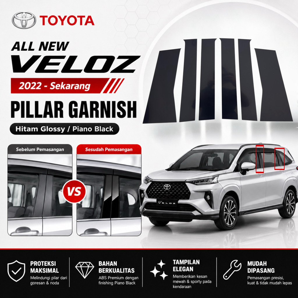 Garnish Sticker Trim Pilar Pintu Mobil Toyota All New Veloz Avanza Daihatsu Xenia 2022 - Now Hitam G