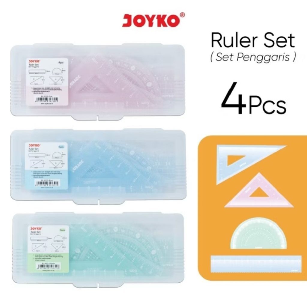 Penggaris set joyko RL-PS3, garisan, Busur, siku, Segitiga Joyko  Isi 4 Pcs (1Set)