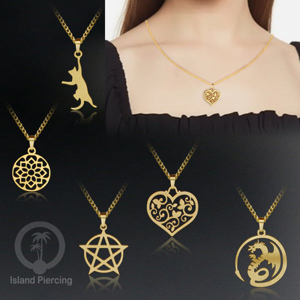Kalung Liontin manis Stainless warna Gold, motif Mandala, Naga, Hati, Ohm, Kucing, Pentagram, Steel 