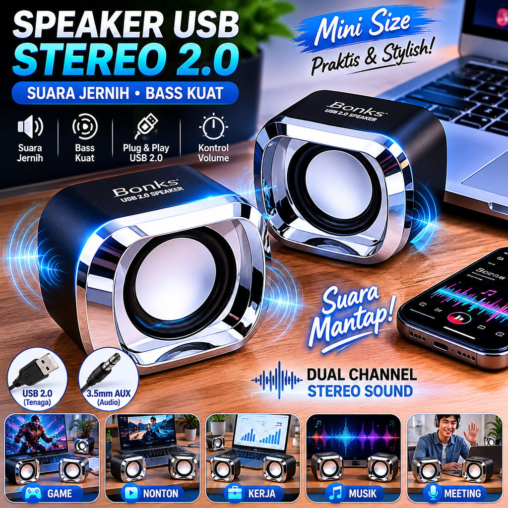 Speaker Laptop PC Multimedia Active Stereo 2.0 Speaker Komputer USB 3.5mm AUX Speaker Meja Kerja Gam