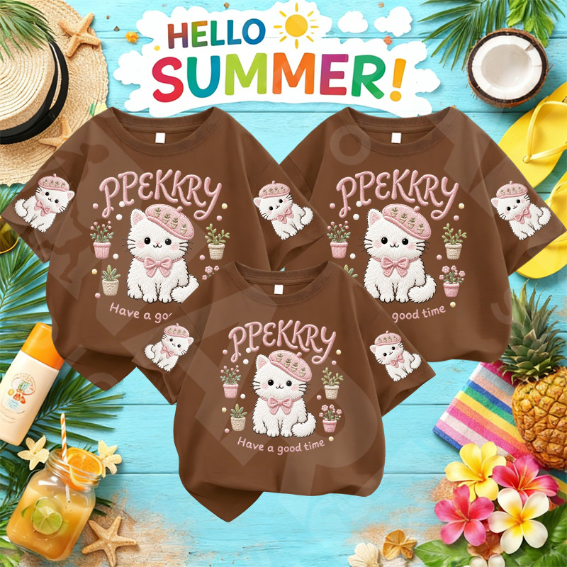 COD RINA STUDIOT-shirt lucu dengan tulisan Have a good time motif kucing topi pink untuk keluarga mu