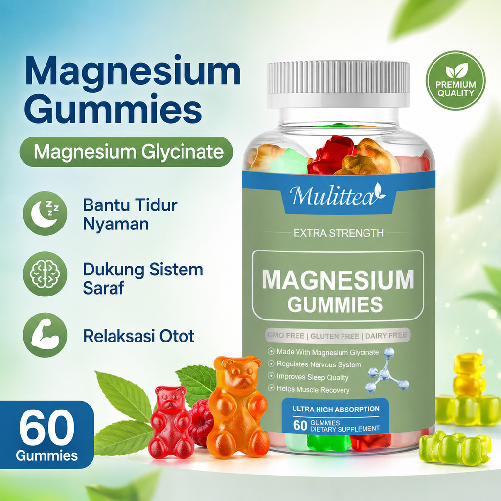 Magnesium Glycinate Gummies 60pcs Suplemen Magnesium Gummy Membantu Relaksasi Tubuh Tidur Lebih Nyen