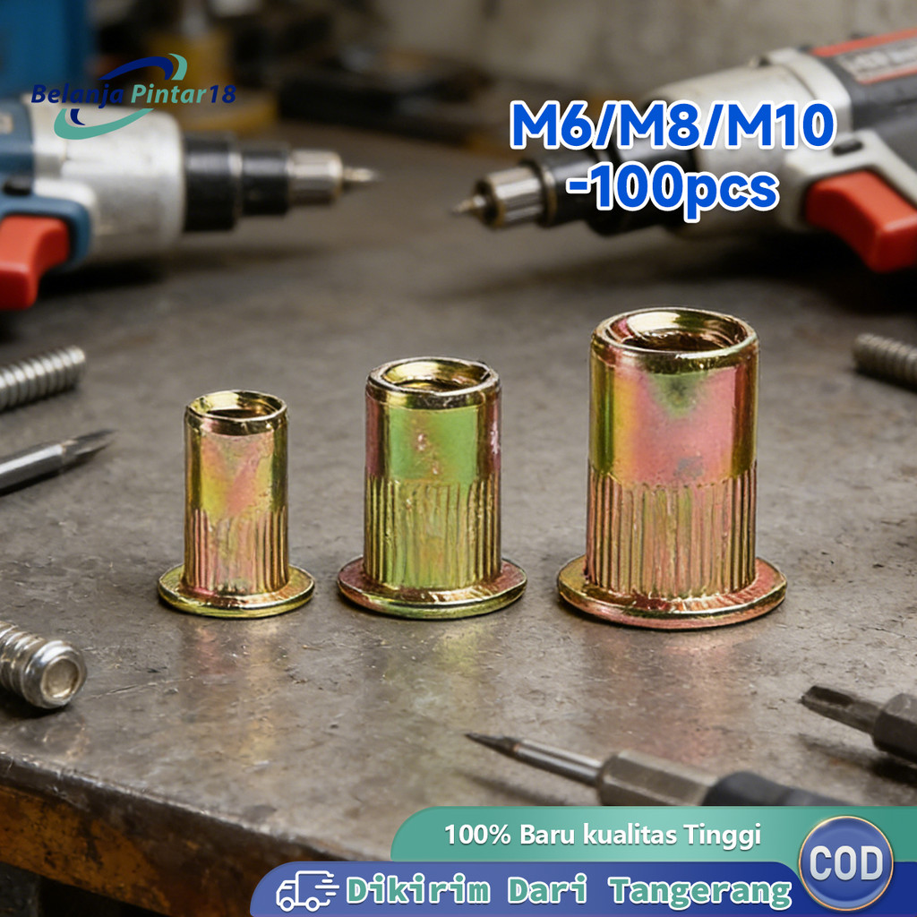 100pcs Rivet Nut Mur Rivet Insert Nut Rivet Mur Tanam Nutsert Ukuran M6, M8, M10 Aluminium Fastener