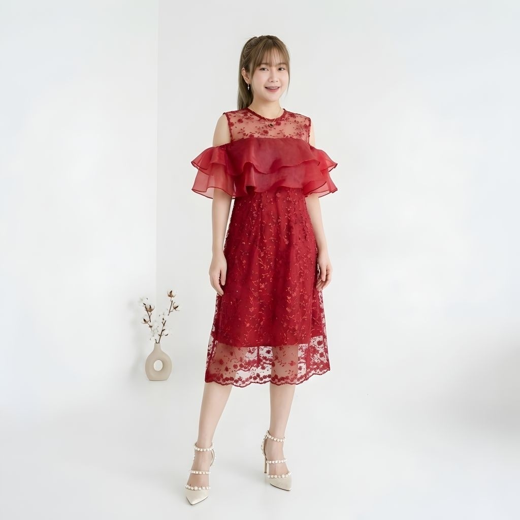 Dress Sabrina Brokat Tile Mutiara Arra Gaun Pesta Kondangan Seragam Bridesmaid Modern Sm