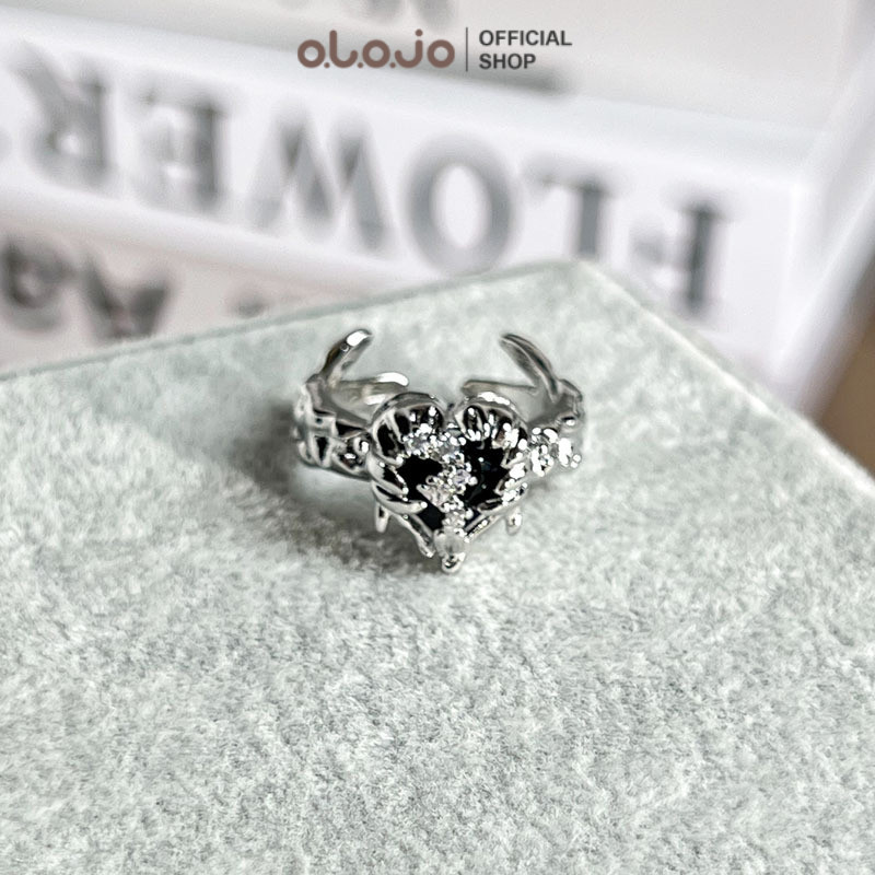 OLOJO Antik Duri Hati Hitam Terbuka Cincin Unik Modis Aksesori Wanita