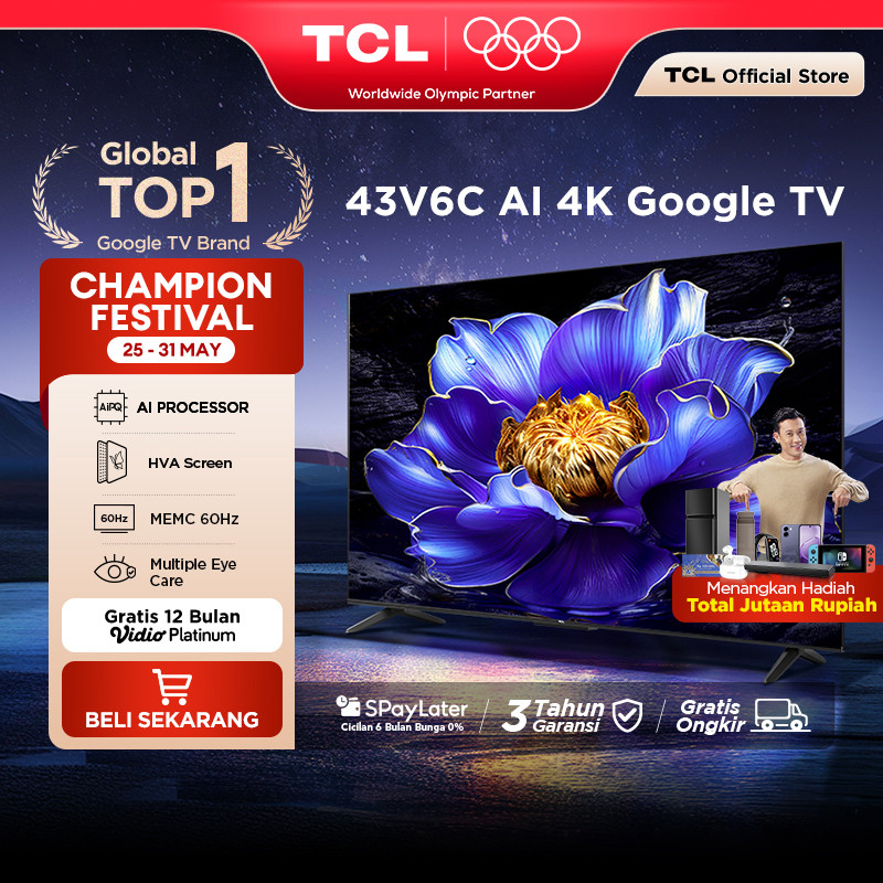 TCL AI 4K Google TV 43 inch V6C - MEMC - HDR 10 - HVA Panel - Dolby Audio - Google Play/Netflix/Yout