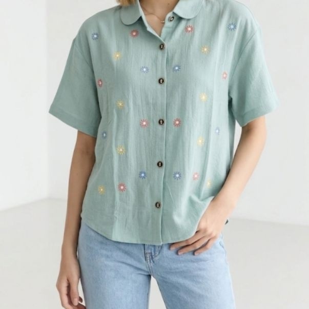DERINE - Atasan Wanita Katun Linen bordir - Kemeja Wanita lengan pendek - Baju wanita kekinian