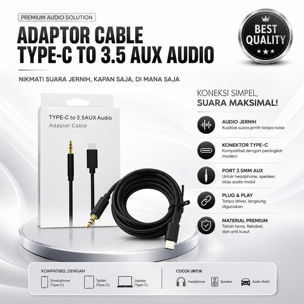 Kabel AUX Type C ke 3.5mm Audio Jack Converter untuk HP Android Laptop PC Speaker