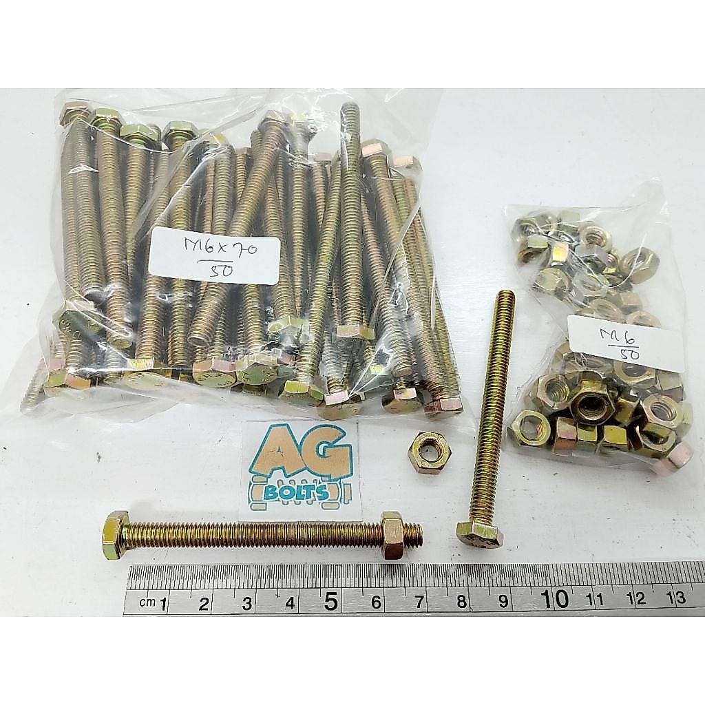 50 Set Baut M6 x 70 Kuning / 10 an Panjang 7cm + Mur / BMK M6x70