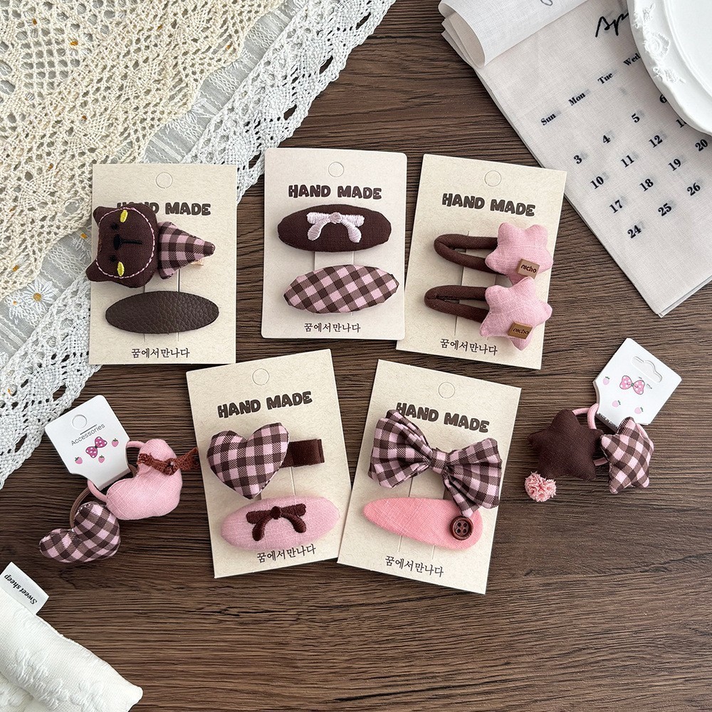 Set Aksesoris Rambut Kotak-Kotak Pink Coklat Estetik Korea Aksesoris Samping Poni Manis