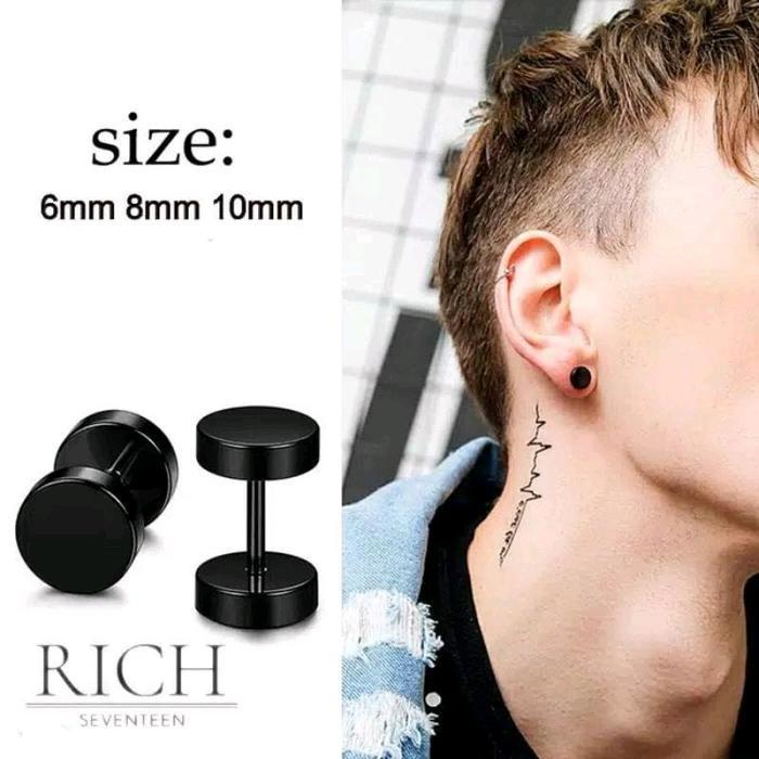 Anting Roda Hitam Polos Anting Tindik Anting Bulat Pria - hitam, 4mm