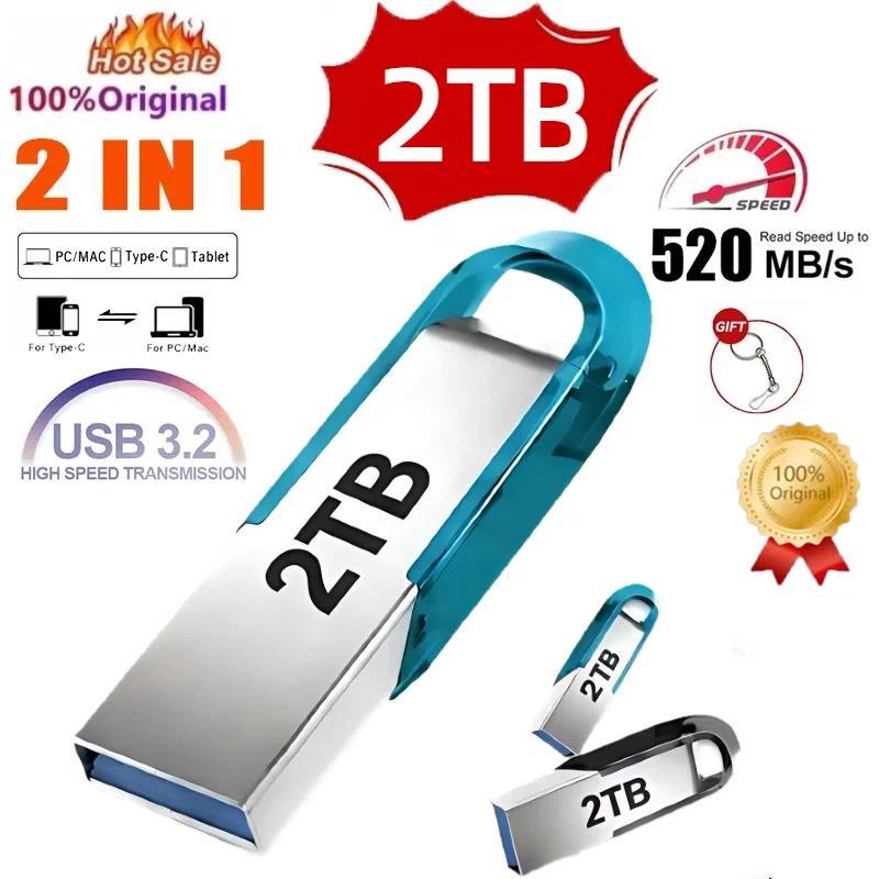 Flash Drive USB 3.2 2TB Kecepatan Tinggi, Pendrive Logam 1TB 512GB 256GB, Memory Stick USB untuk Mob