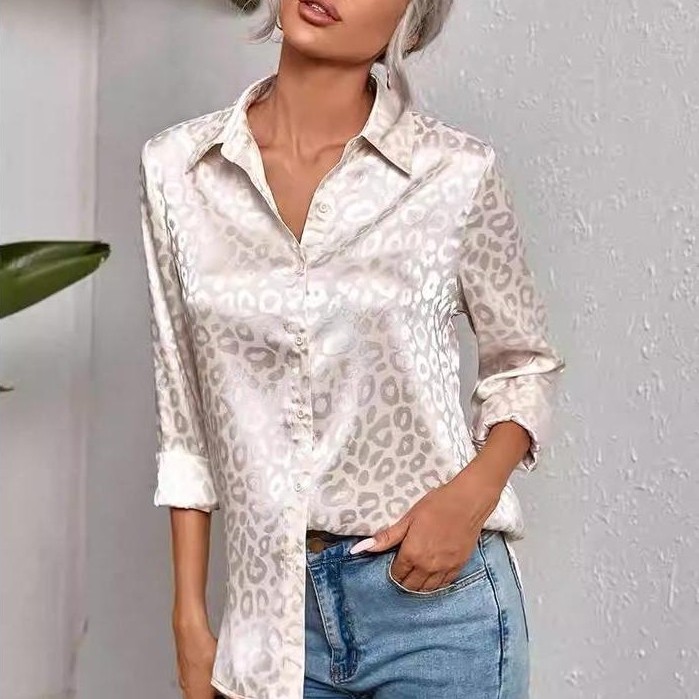 Best Seller 99029 Kemeja Wanita Satin Enam Warna, Motif Macan Tutul Tiga Dimensi, Atasan Panjang
