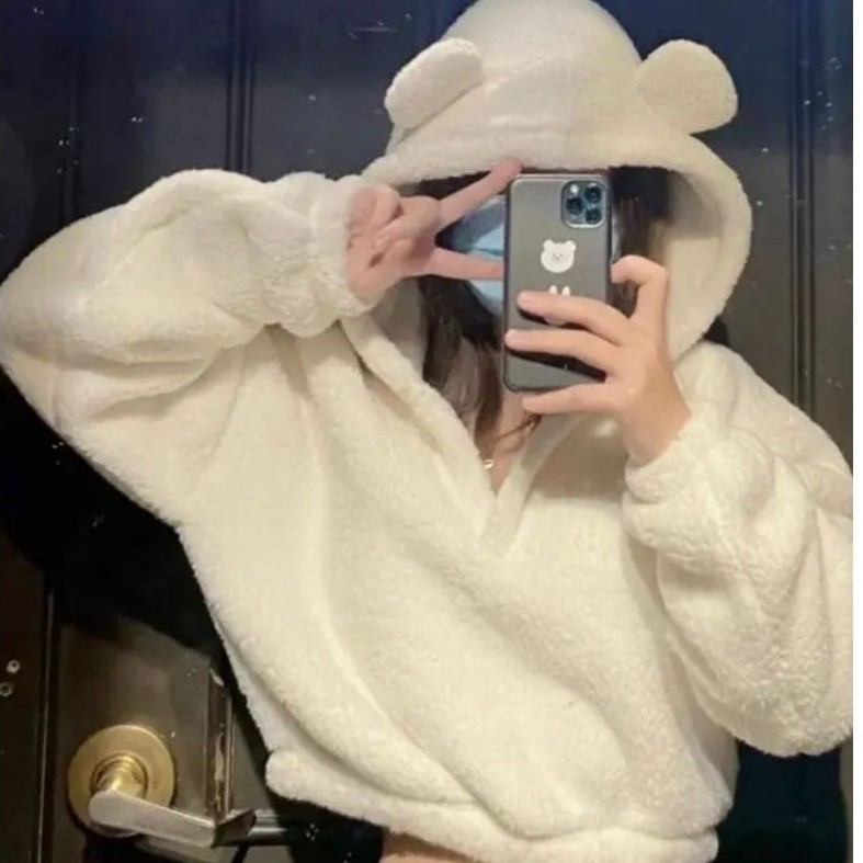 Sweater Hoodie Crop V Bear Sherpa Bulu Domba