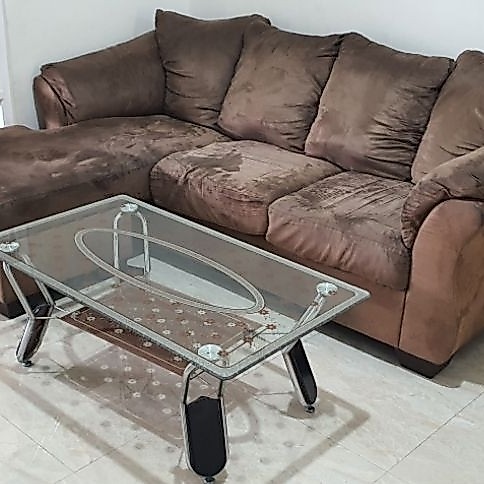 1 Set Sofa L Informa Ashley Coklat + Meja Kaca Chandra Karya | Kondisi Bagus & Terawat