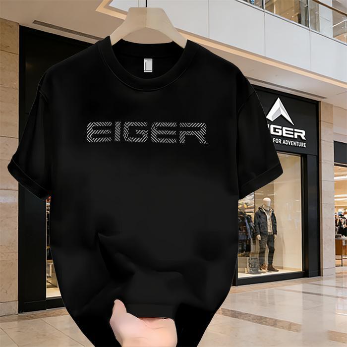 Kaos Eiger Pria Motif Garis Hitam Putih - Kaos Distro Outdoor Viral TikTok Bahan Katun - hitam, S