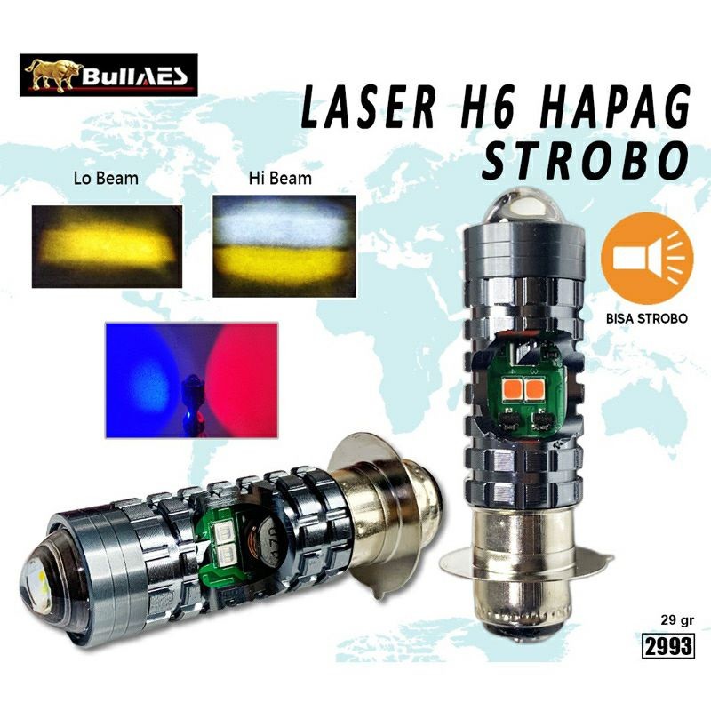 Bohlam Led Motor H6 Laser 2 Warna Senja Merah Biru High Low Kuning Putih Merk BULLAES Universal