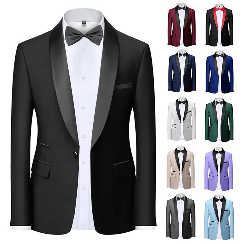 Mens Blazer Slim Fit Tuxedo Suits Jacket Shawl Collar Solid Jacket Wedding Dinner Prom One Button Bl