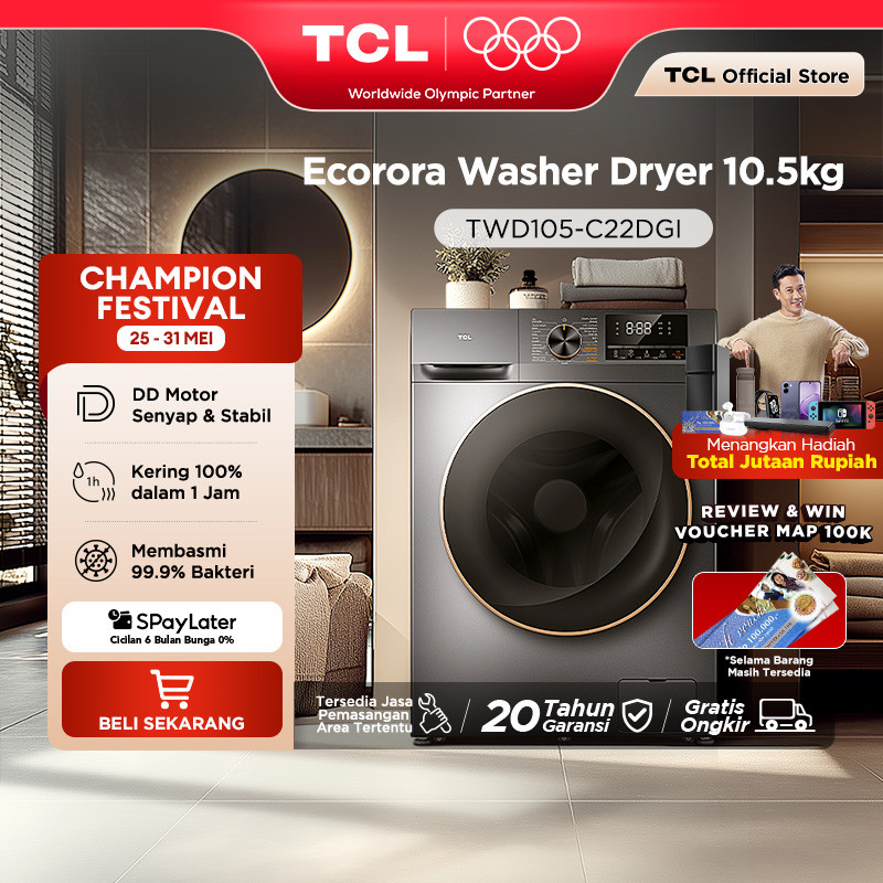 TCL Mesin Cuci Front Loading Washer Dryer 10.5 kg - 100% Kering - Direct Drive Motor - Heat Steriliz