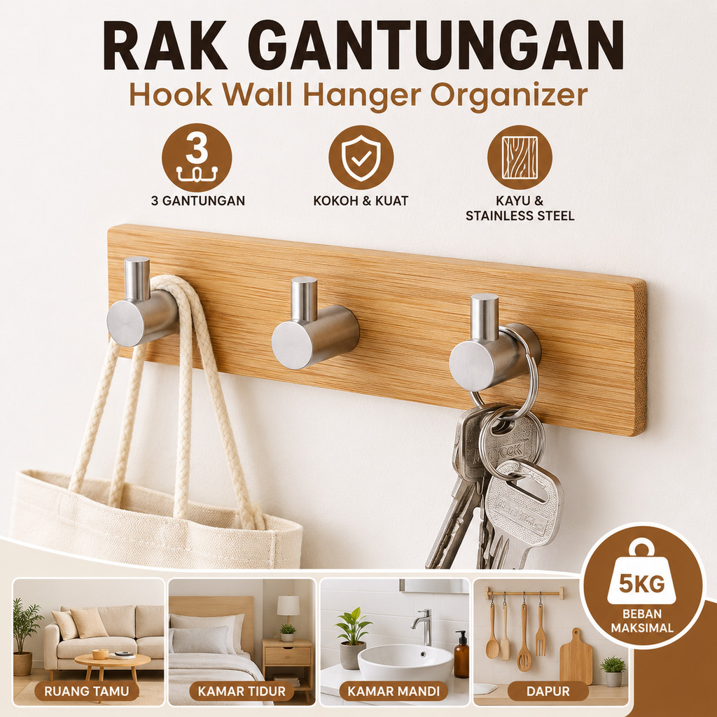 Gantungan Baju Gantung Kayu Stainless Steel Minimalis Modern Hook Wall Hanger Organizer Kapstok Dind