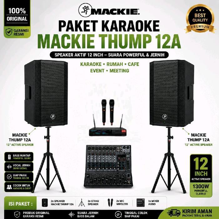 Paket Karaoke Mackie Thump 12A Original | Speaker Aktif 12 Inch + Mixer Audio + 2 Mic Wireless + Sta