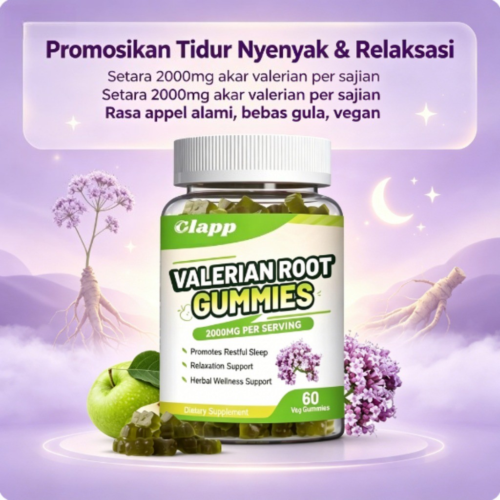 Clapp Valerian Root Gummies 500mg Ekstrak Kesehatan Herbal Vegan Bebas Gluten Non-GMO 60 Hitung ly53