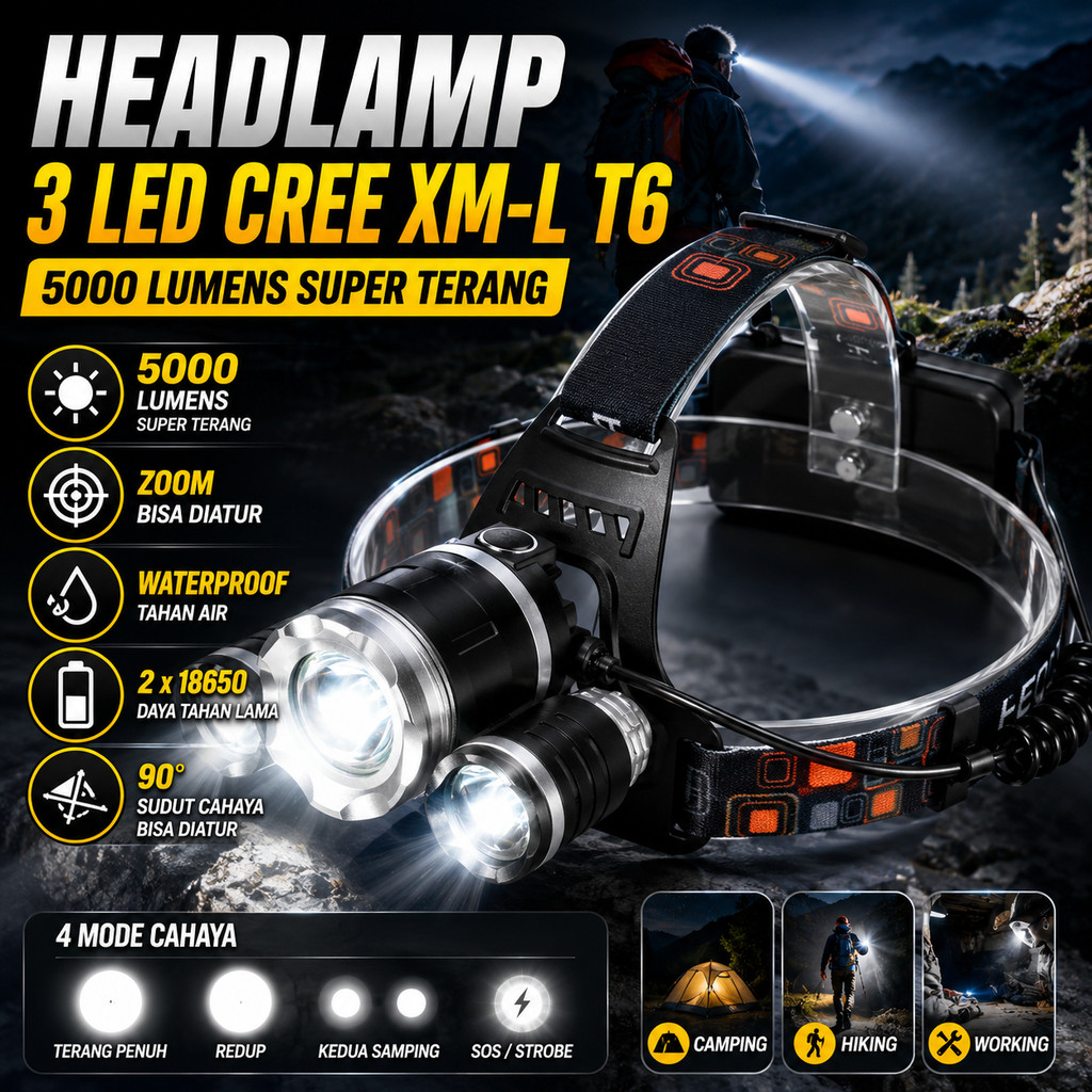 Headlamp 3 LED Cree XM-L T6 5000 Lumens Senter Kepala 2x18650 4 Mode Zoom 90 Derajat Waterproof Outd
