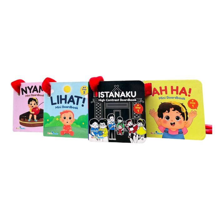 Gulalibooks: Paket Buku Bayi High Contrast Isi 4 dengan Gantungan Stroller Mini Boardbook