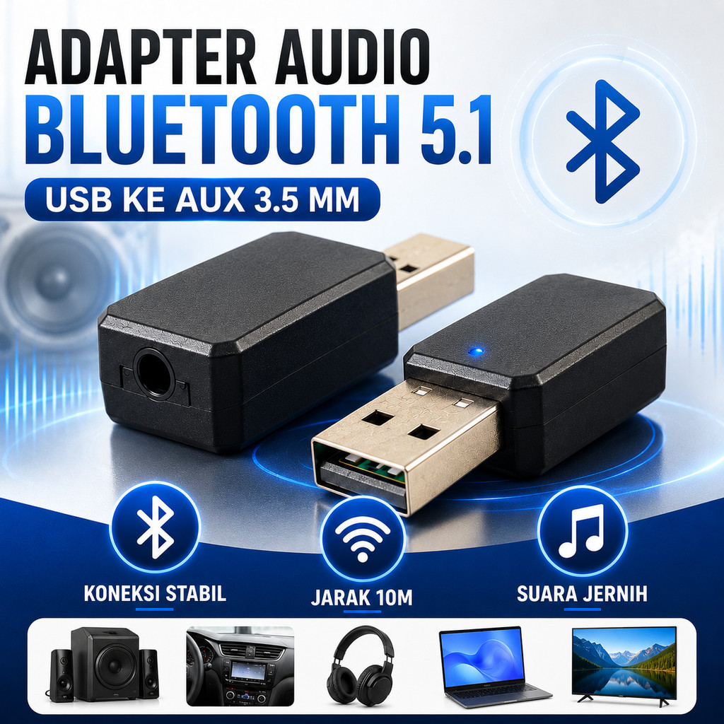 Bluetooth Audio Receiver USB 5.1 Adapter AUX 3.5mm Untuk Speaker Headphone Mobil PC Laptop Wireless 