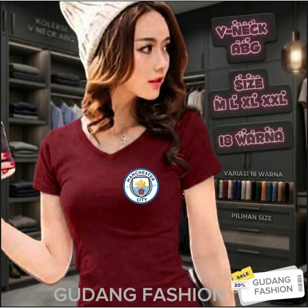 ATASAN V NECK WANITA CLUB BOLA MANCHESTER CITY BAHAN LEMBUT POLYESTER SOFT