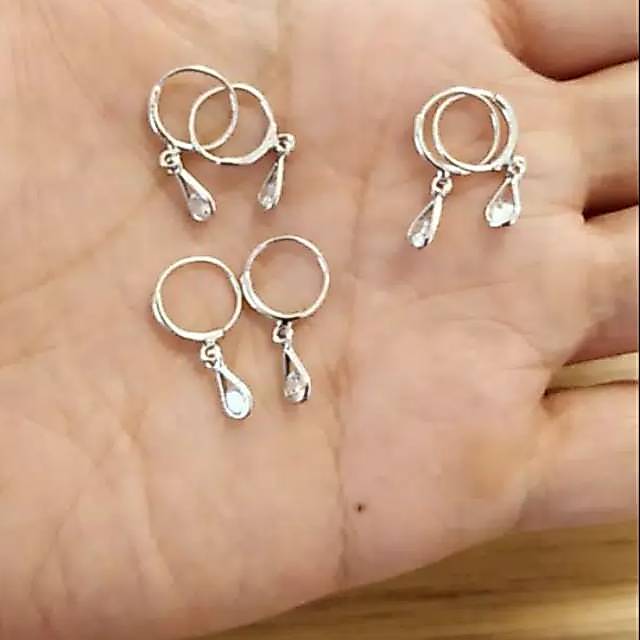 ANTING ANAK BULAT GANTUNG MATA PERAK 925 LAPIS MAS PUTIH
