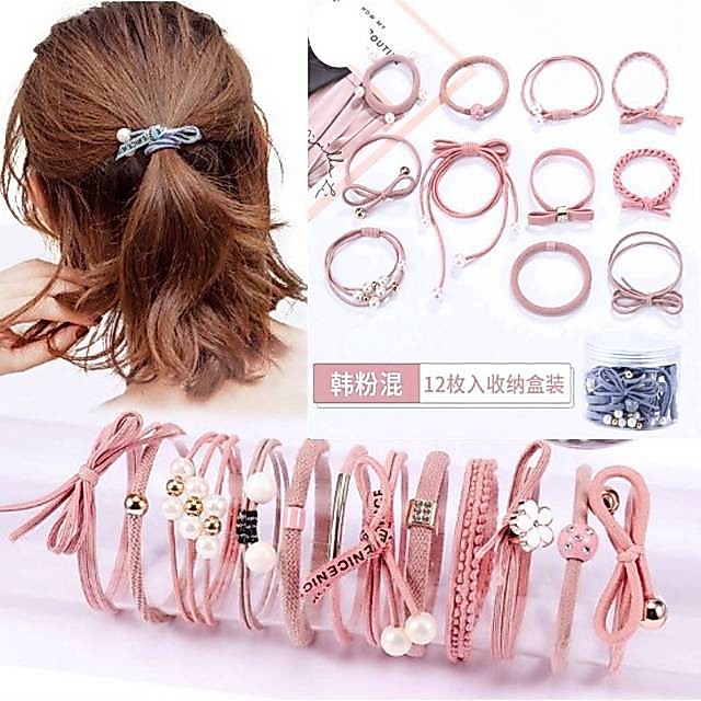 Ikat Rambut Anak dan Dewasa Isi 12 Korean Style Lucu Ikat Rambut Bonus Pouch