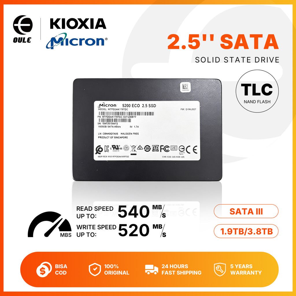SSD Server Enterprise Micron 5200 1.9/3.8TB SATA III 2.5 Inch 3D TLC NAND kecepatan baca urut 550MB/