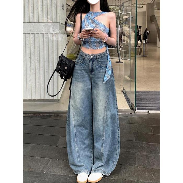 lulu jeans-Biru Retro Highwaist koult Celana Jeans Wanita baggy baggy Jeans Korean--Celana panjang y